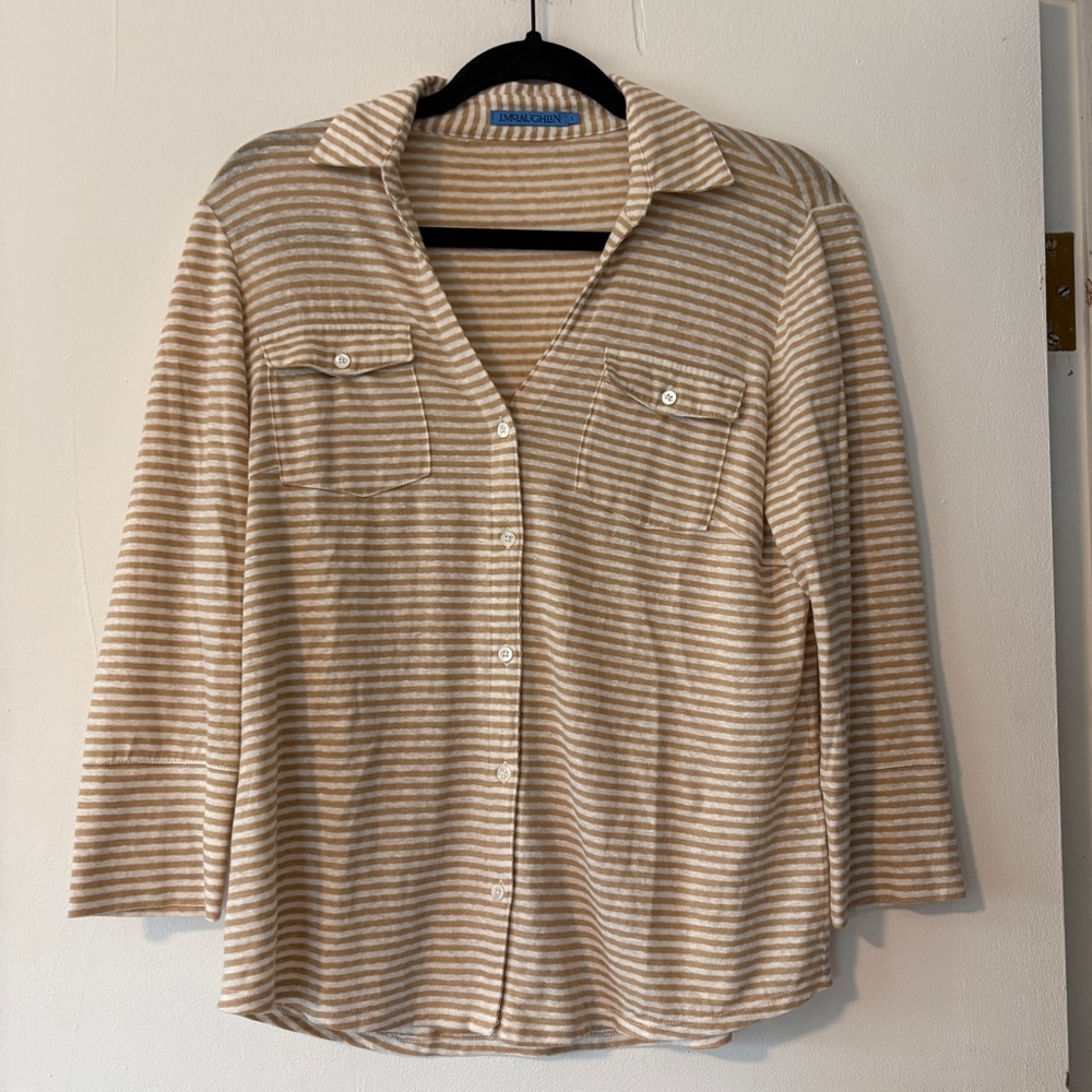 J. Mclaughlin Shirt Brynn Striped Linen Womens Small‎ neutral Old Money Classic